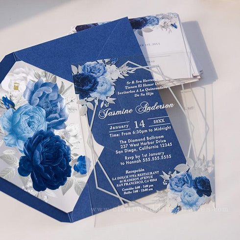 Royal Blue Shades of Roses Elegant Sweet 16 Quinceanera Acrylic Invitations CWIA223